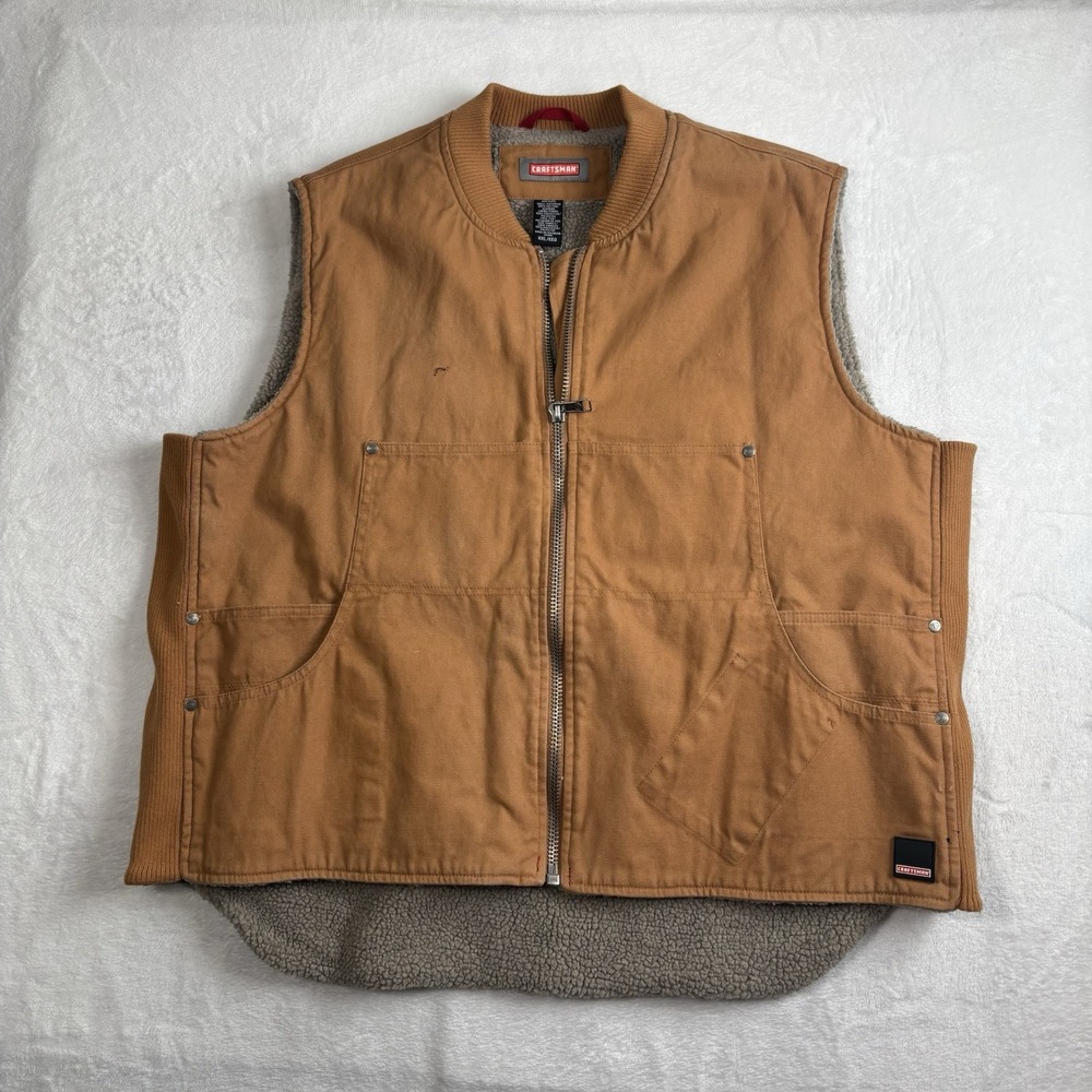 Craftsman Tough Duck Brown Sherpa Lined Sleeveless Vest Full Zip Men's XXL